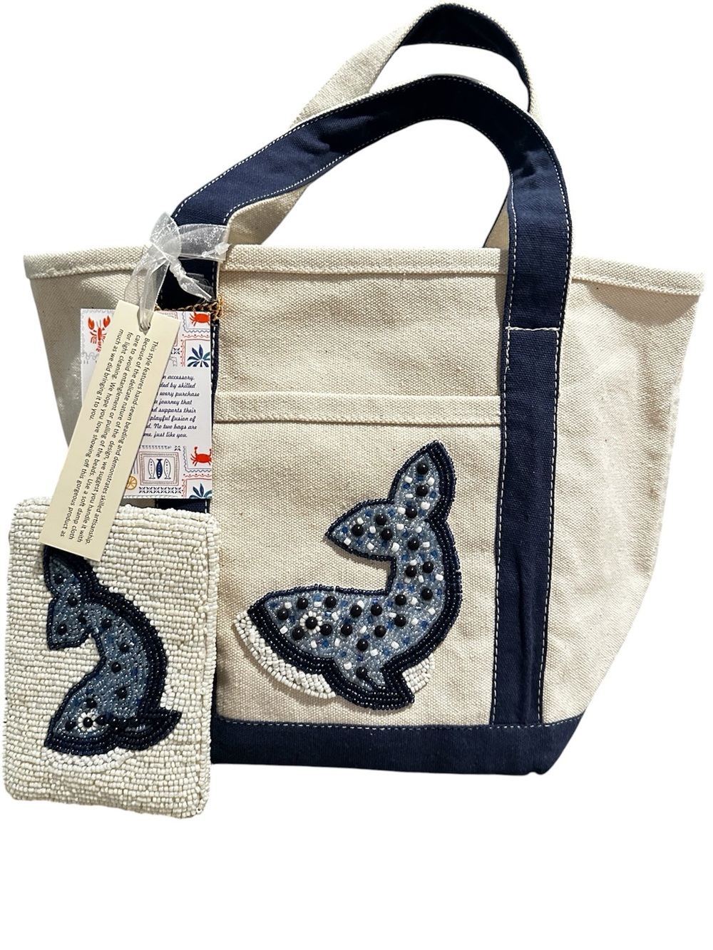 Beaded Whale Canvas Tote with Navy Trim and matching beaded coin pouch